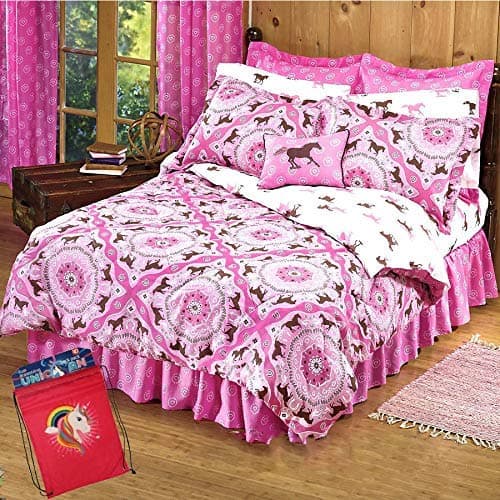 Girls 6 Piece Twin Size (66"x 86") Pink Brown Pony Horse Bandana Equestrian Bedding Comforter Set & Sheets (Bed in a Bag) (1, Twin Size)