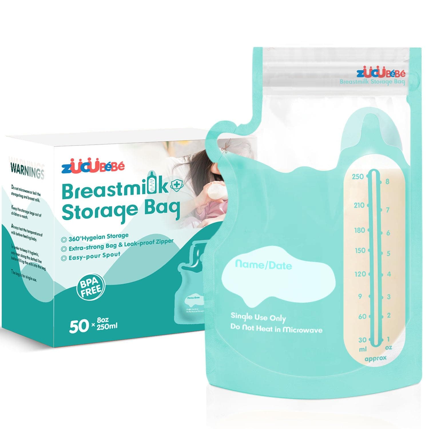 Breastmilk Storage Bags(50 Count),8oz Milk Storage Bags for Breastfeeding,BPA Free with Easy Pour Spout, Self Standing, for Refrigeration and Freezing Blue
