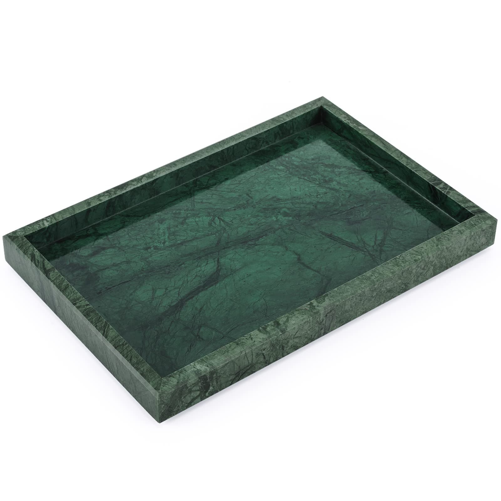 Marble Bathroom Vanity Tray, Natural Luxury Vanity Home Kitchen Bathroom Table Tray, Stone Decorative Countertop Dresser Trays for Key Coffee Perfume Jewelry Makeup (Blackish Green, 12" x 8" x 1.2")