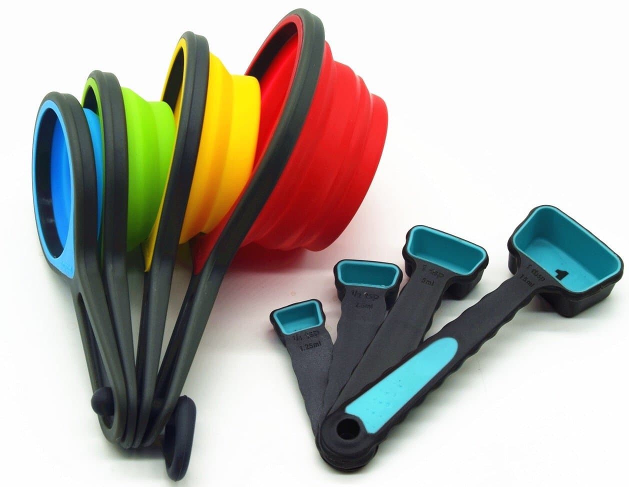 MIRAS BPA Free Silicone Collapsible Measuring Cups and Spoons Set for Accurate Measurement of Dried Hot or Liquid Foods, Calorie Counting, Travel, Camping, Baking.