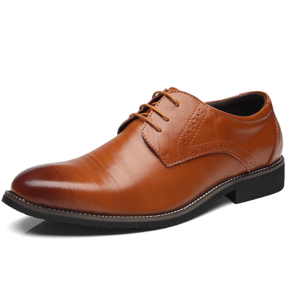 Senyee Men's Casual Oxford Dress Shoes, Classic Modern Round-Toe Brogue Lace Up Wingtip Leather Oxfords Brown 10.5