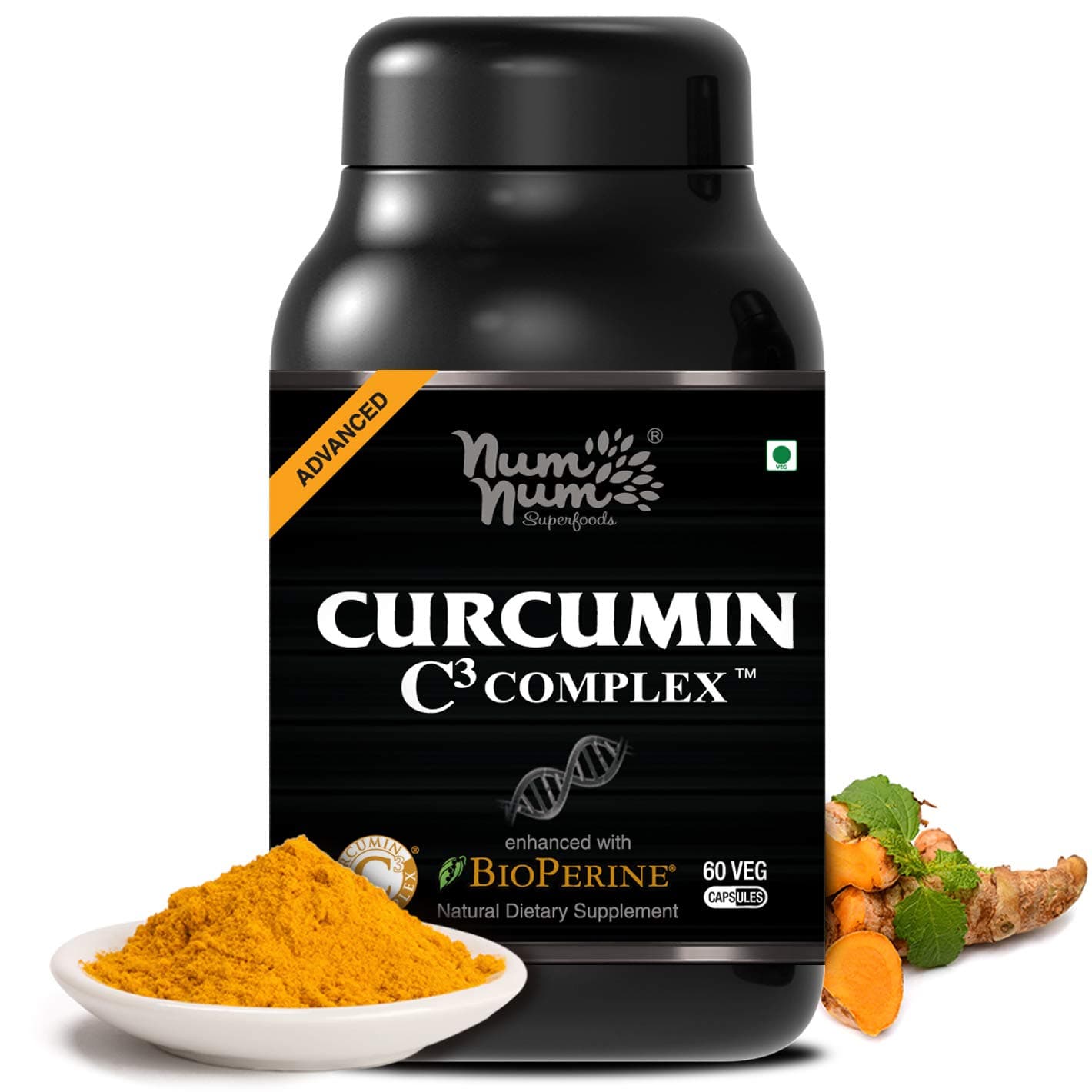 NUM NUM SUPERFOODS Curcumin Turmeric Root Extract C3 Complex Enhanced with BioPerine Black Pepper for Better Absorption Immune boost Anti-inflammatory and Joint Health Supplement -60 Veg Capsules