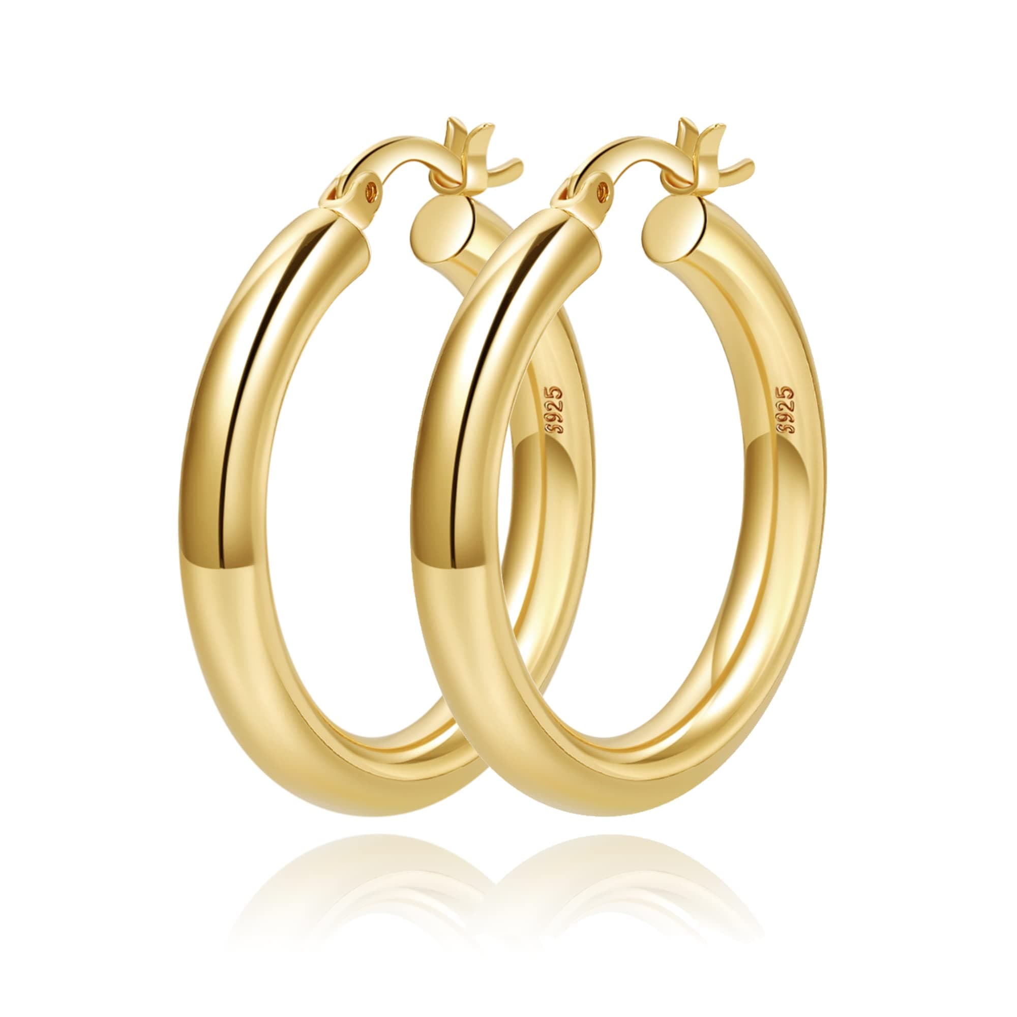 4mm Thick Gold Chunky Earrings Steling Silver Post Hoops Earrings For Women Hollow Tube Hoops Earrings Thick Gold Hoop Earrings Hypoallergenic Lightweight Gold Hoop Large Earrings 20/30/40/50/60MM