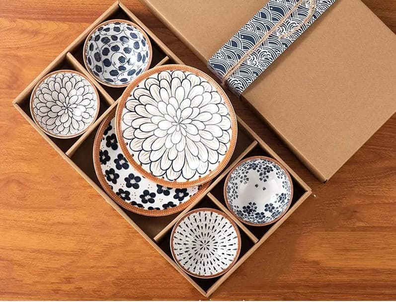 Japanese Ceramic Big Bowl Gift Set Porcelain Coconut Soup Salad Serving Mixing Bowls for Restaurant Kitchen Utensils (4bowl+2plate)