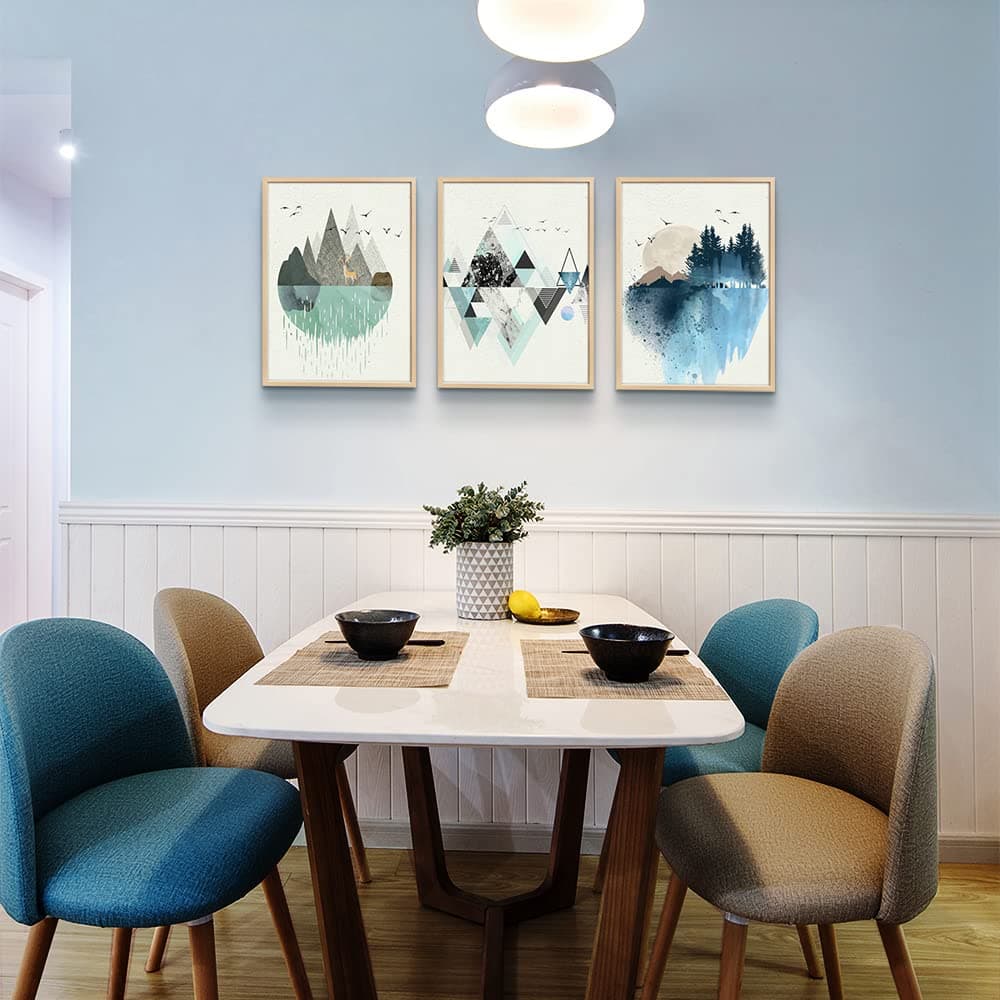 Natural Wood Framed Wall Art for Living Room and Bedroom - Large Abstract Geometry Pictures - Office Decor - 3 Piece Framed Art Prints