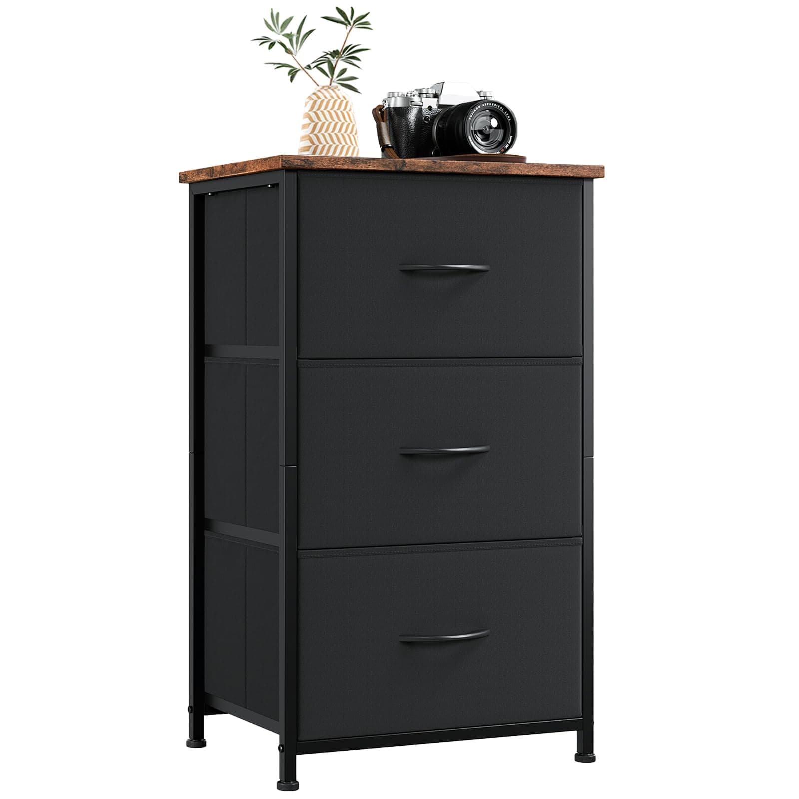 Dresser for Bedroom with 3 Drawers, Storage Organizer Chest of Drawers with Removable Fabric Bins for Closet Bedside Living Room Laundry Entryway Hallway, Black Rustic Brown