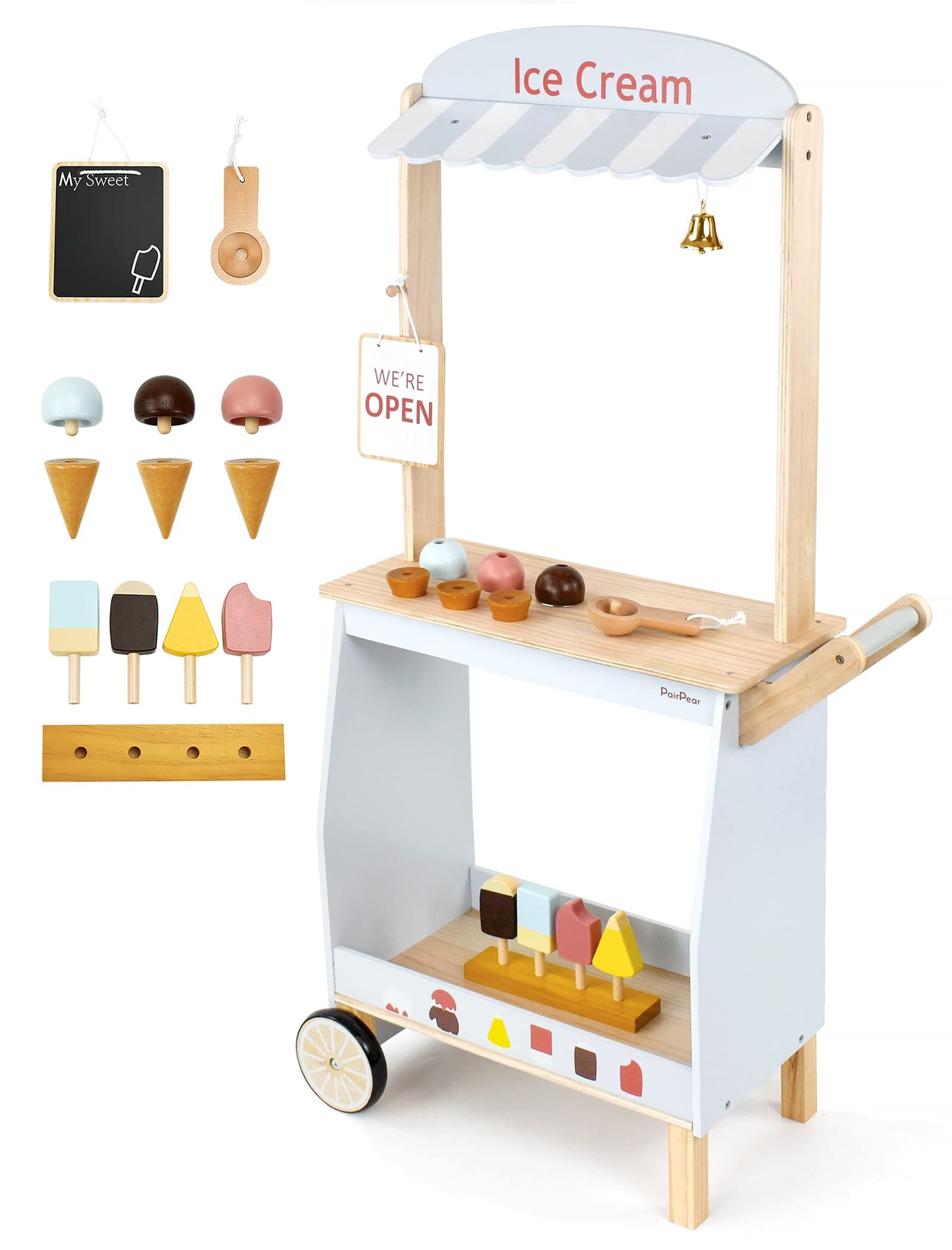 PairPear Wooden Ice Cream Cart for Kids, Dessert Toys and Food Trucks, Gift for Boys and Girls Ages 3 and Up