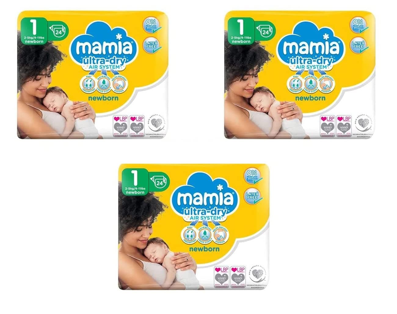 Mamia (Pack of 3) Baby Newborn Nappies, Size 1, 2-5kg, 3 x 24 (72 Nappies)