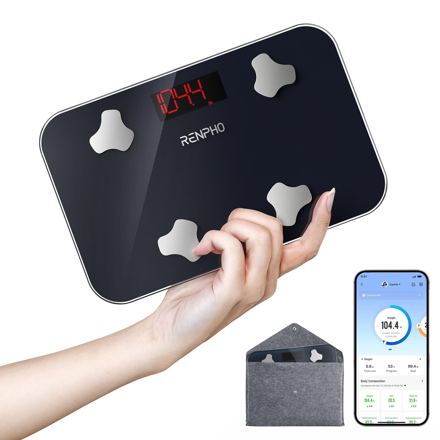 Travel Scale for Body Weight, Mini Bathroom Scale for Body Fat, Portable Weight Scale for Traveling with Storage Case, 13 Body Composition Analyzer with App, 400 lbs, Elis Go, 11.02" x 7.09"