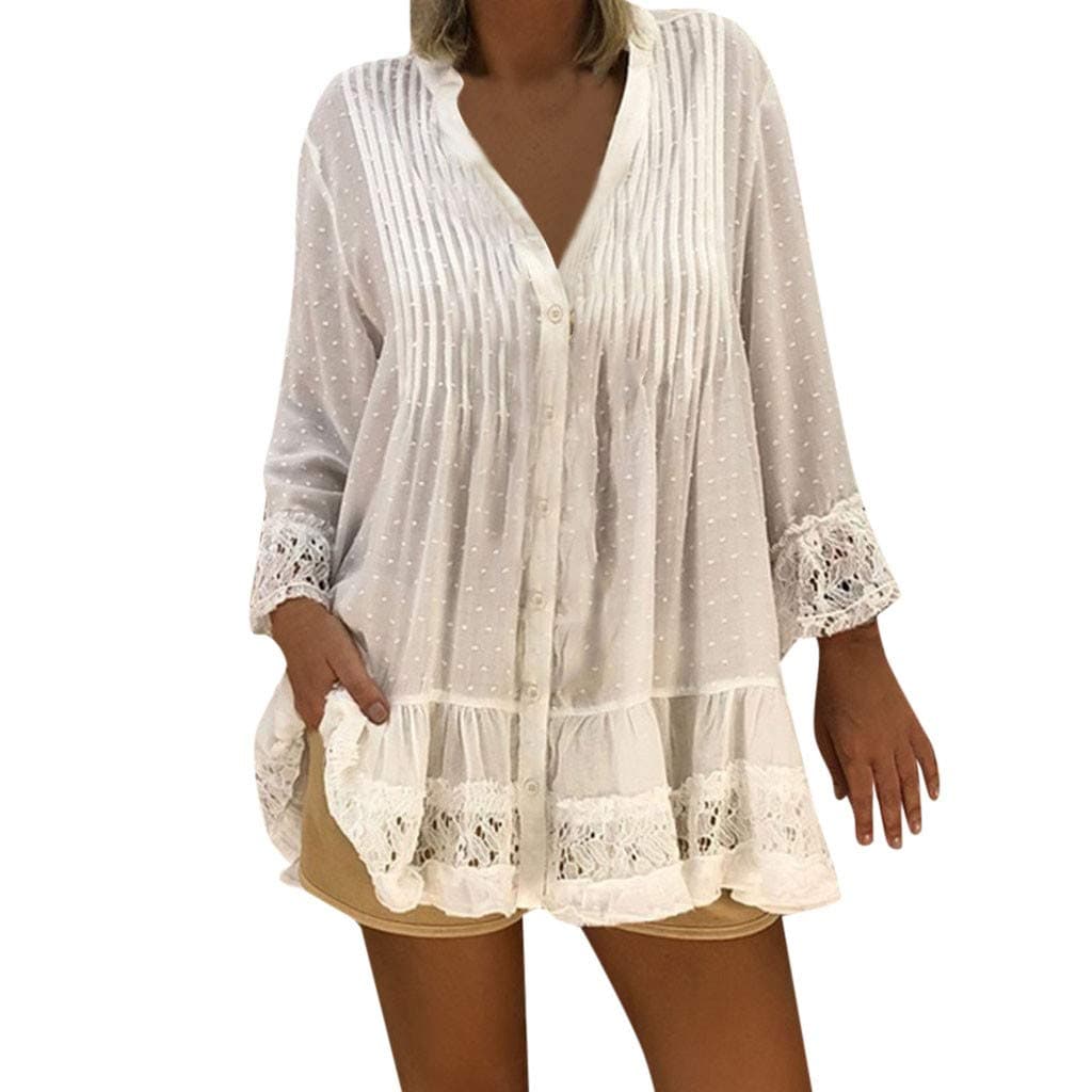 Lazzboy Women Tunic Boho Beach Buttons Lace Hem Dot Long Sleeve Plus Size UK 8-22 Ladies Vintage Baggy Cover-up