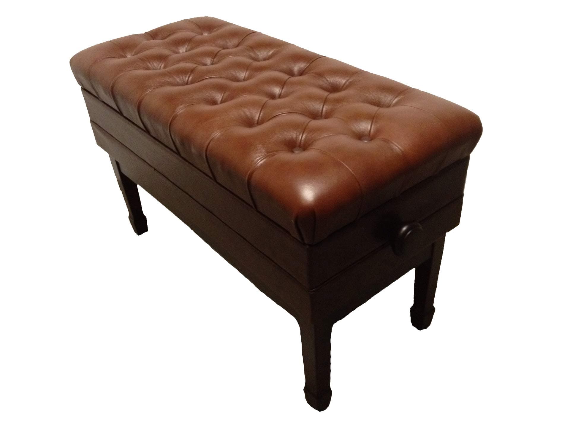 - Genuine Leather Adjustable Duet Size Artist Concert Piano Bench Stool in Walnut with Music Storage