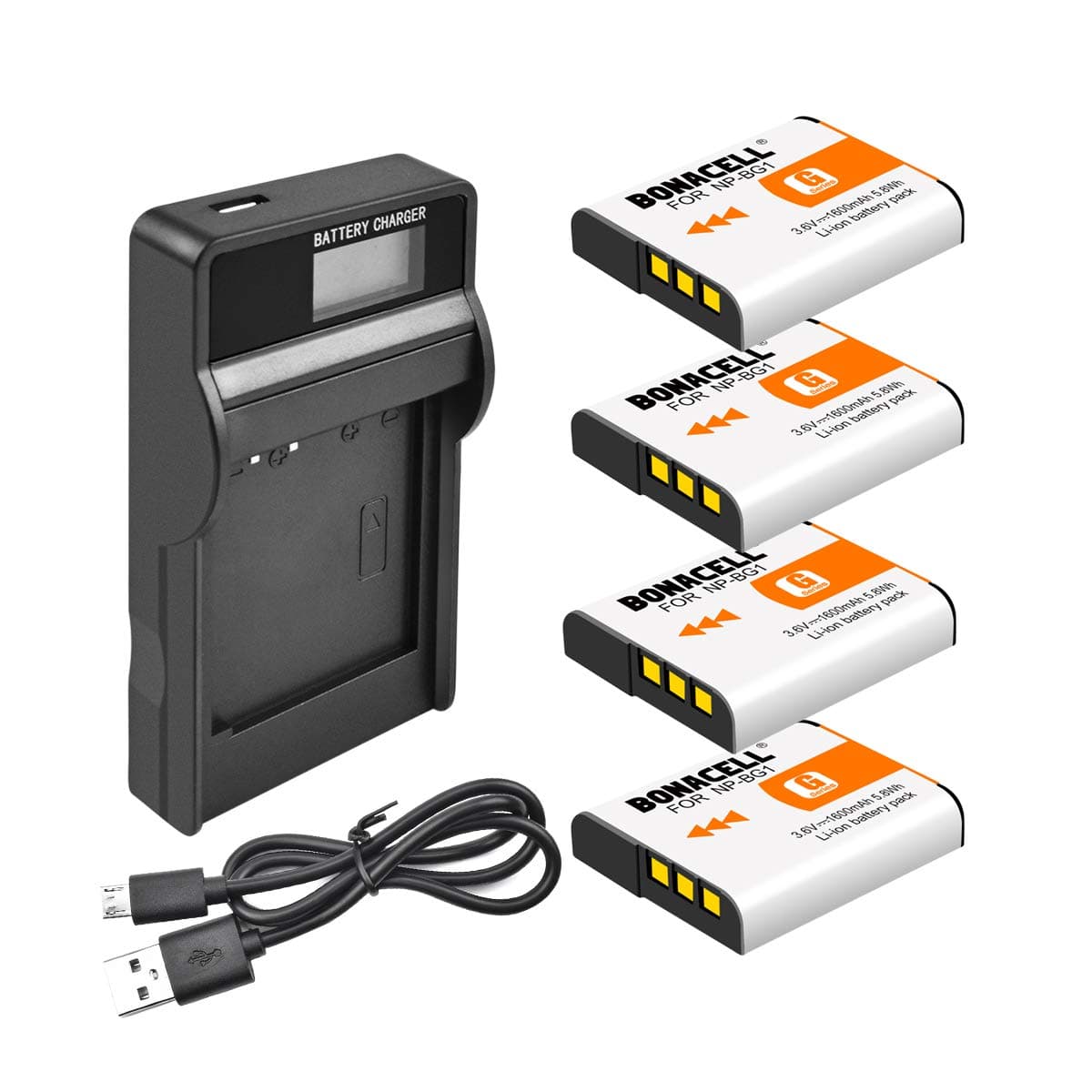 Bonacell NP-BG1 Battery(4 Pack) and LCD Charger Kit Compatible with Cyber-Shot DSC-W220, DSC-H50, DSC-W150, DSC-H55, DSC-H3,DSC-H10, DSC-H20, DSC-H50, DSC-HX7V, DSC-HX9V DSC-W80 and More