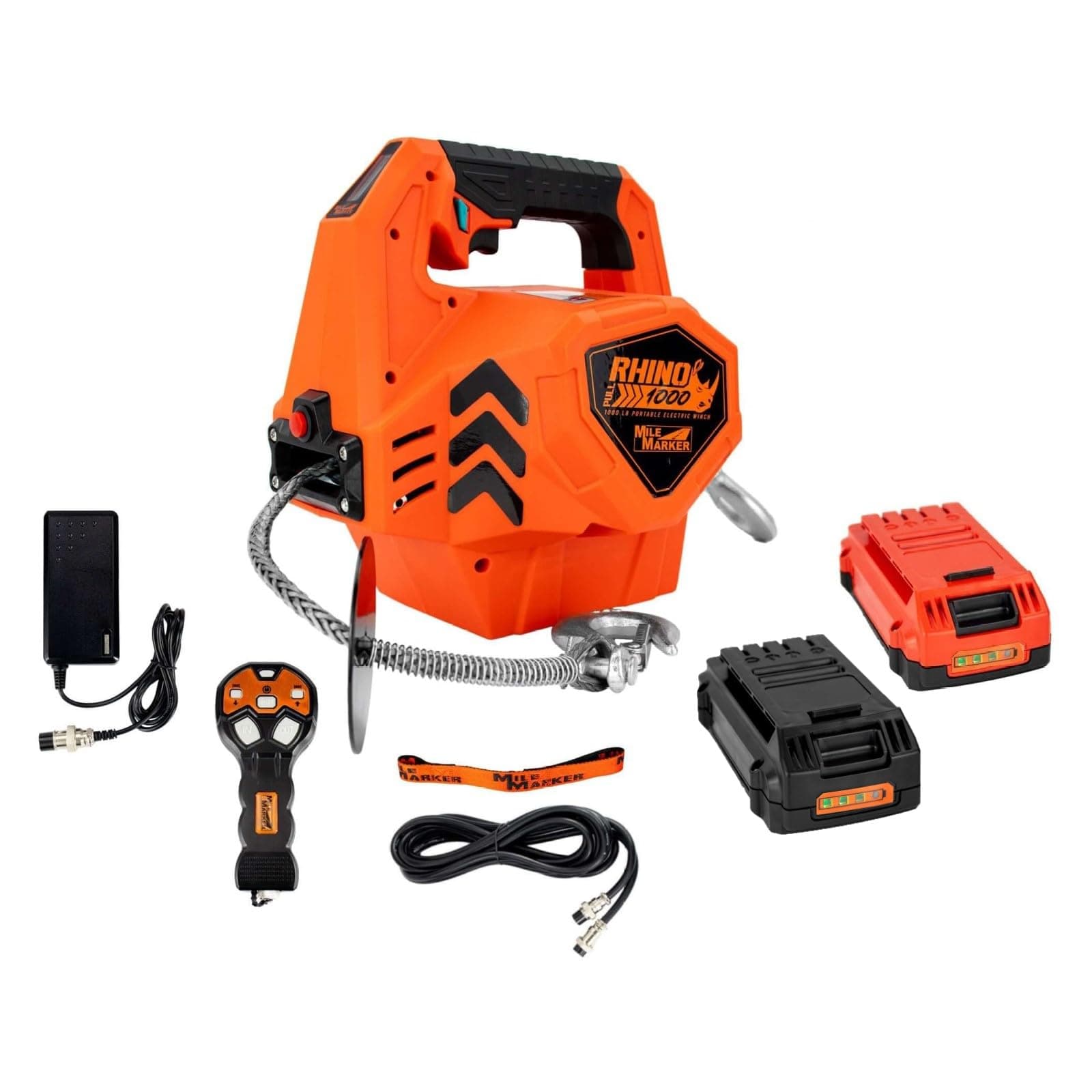 Mile Marker 71-1000 71-1000-29 Rhino Pull 1000 Portable Electric Winch | 39 Feet of Synthetic Rope | Lifts or Pulls Up to 1000 Pounds | Includes Extra Battery