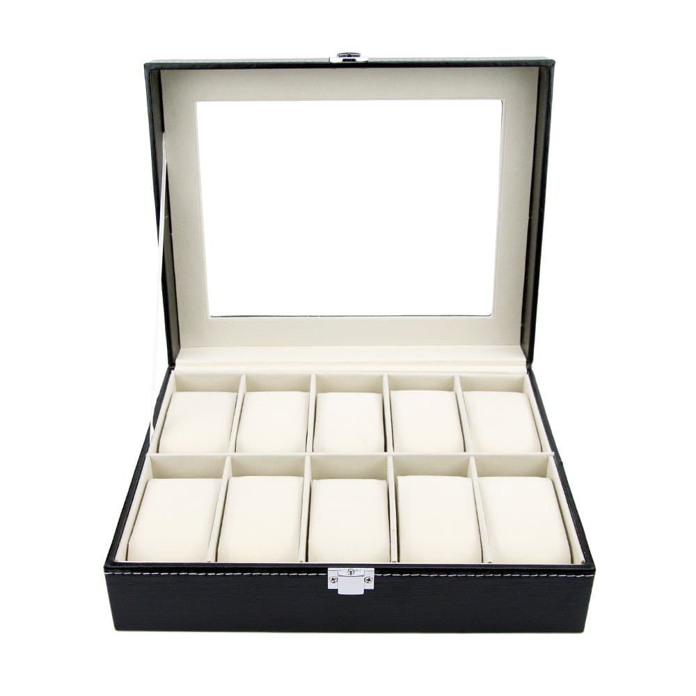 Satellas Watch Box Large 10 Black Mens Womens Leather Display Glass Top Jewelry Case Organizer
