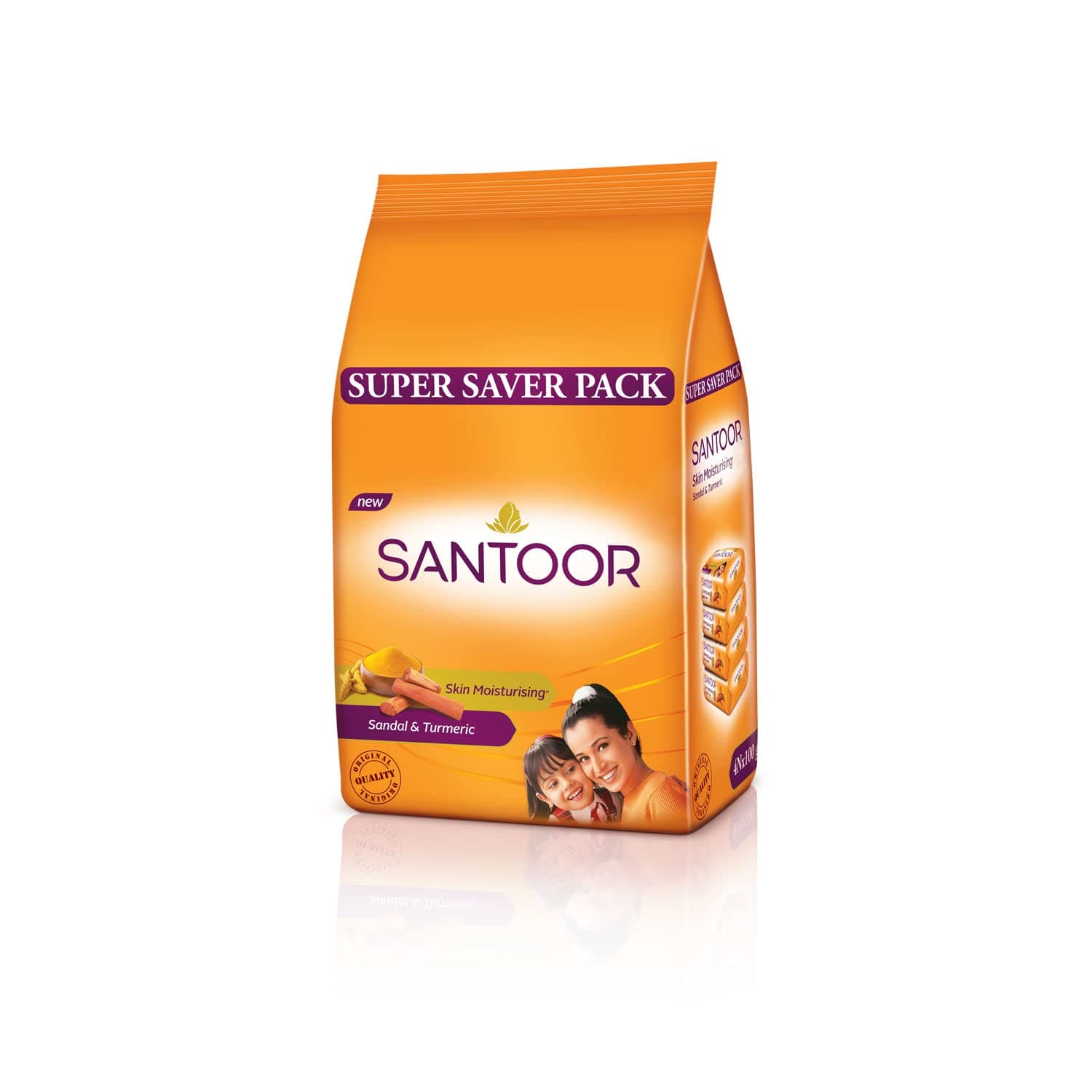 Santoor Skin Moisturizing Sandal & Turmeric Bathing Soap with Nourishing & Anti-Aging Properties| For Soft & Smooth and Younger-Looking Skin| For All Skin Types| Pack of 4, 100g
