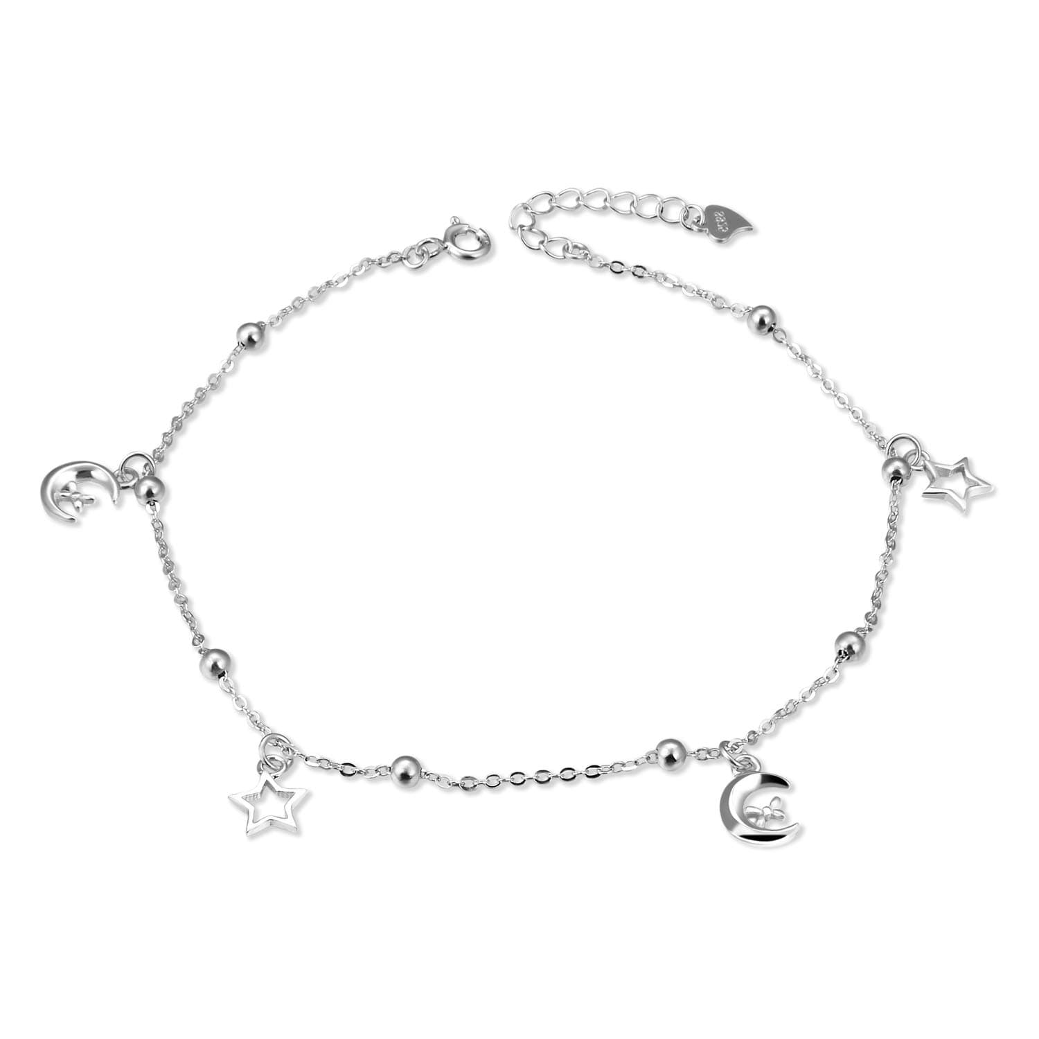 Women Anklet 925 Sterling Silver Moon & Stars Ball 24cm/10" Adjustable Anklet,Summer Beach Foot Jewelry For Girls - Nickel Free