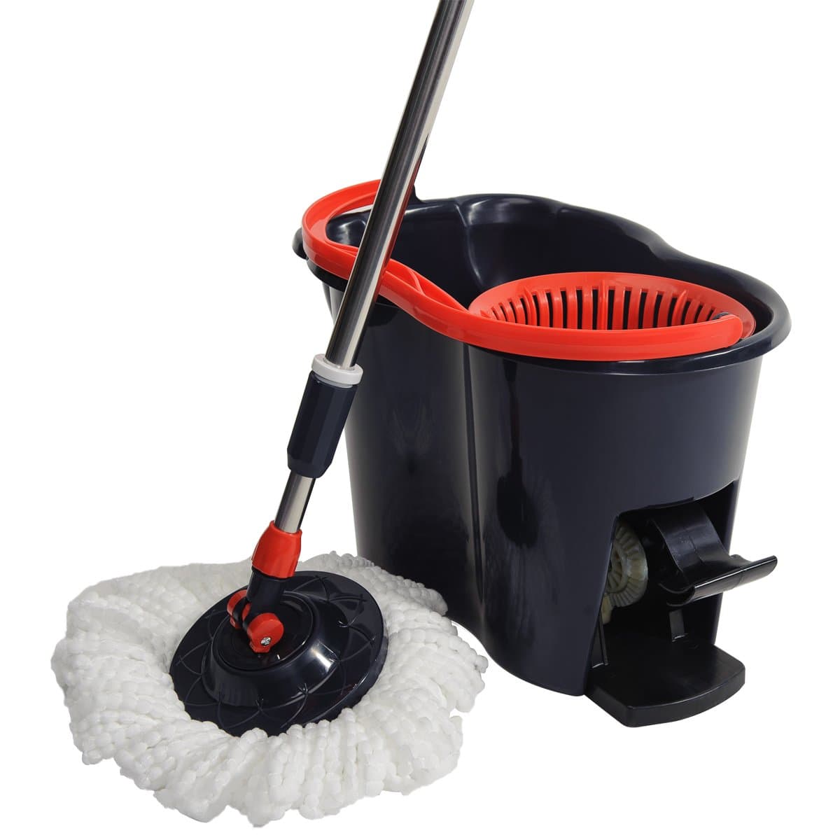 NFHOME Spin Mop & Bucket Cleaning System with 2 Microfiber Mop Head Refill, Easy Wring 360 Rolling Foot Pedal Floor Mop, Extended Length Adjustable Mop Pole with Stainless Steel Mop Plate