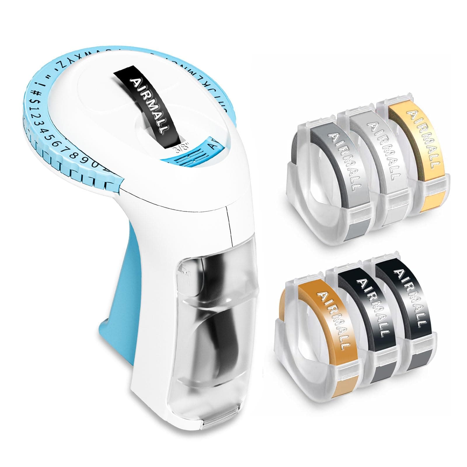 AirmallEmbossing Label Maker, Omega S Retro Embosser Labeler, Vintage Embossed Label Maker with 6 Rolls 3D Embossing Label Tapes, Old School Label Printer, Waterproof for Home Office Kids DIY Crafting, Blue