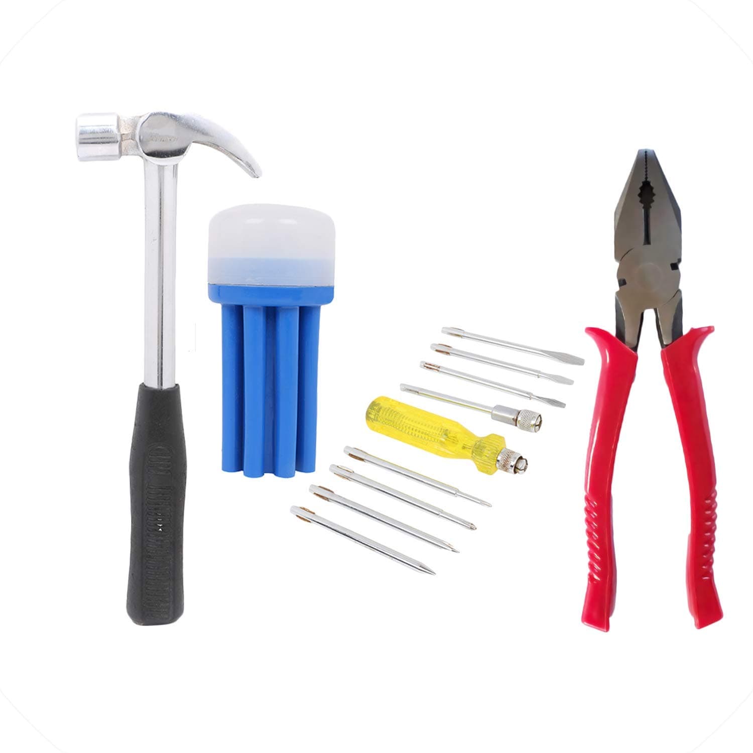 Suzec Johnson Home Utility Kit Claw Hammer Steel Shaft & Screwdriver Set With Neon Bulb (8 Pieces) & Combination Plier