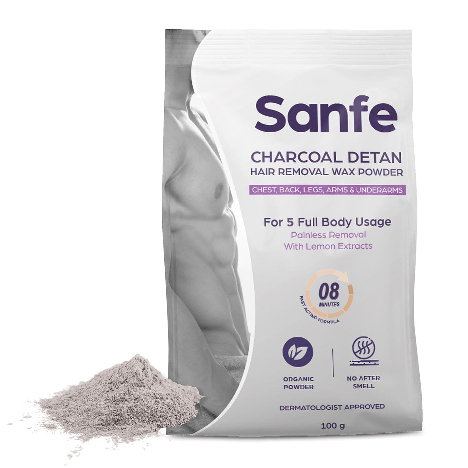 Charcoal Detan Hair Removal Wax Powder | 8 Minute Painless | Organic | Chest, Back, Legs, Arms, Underarms | 100gm