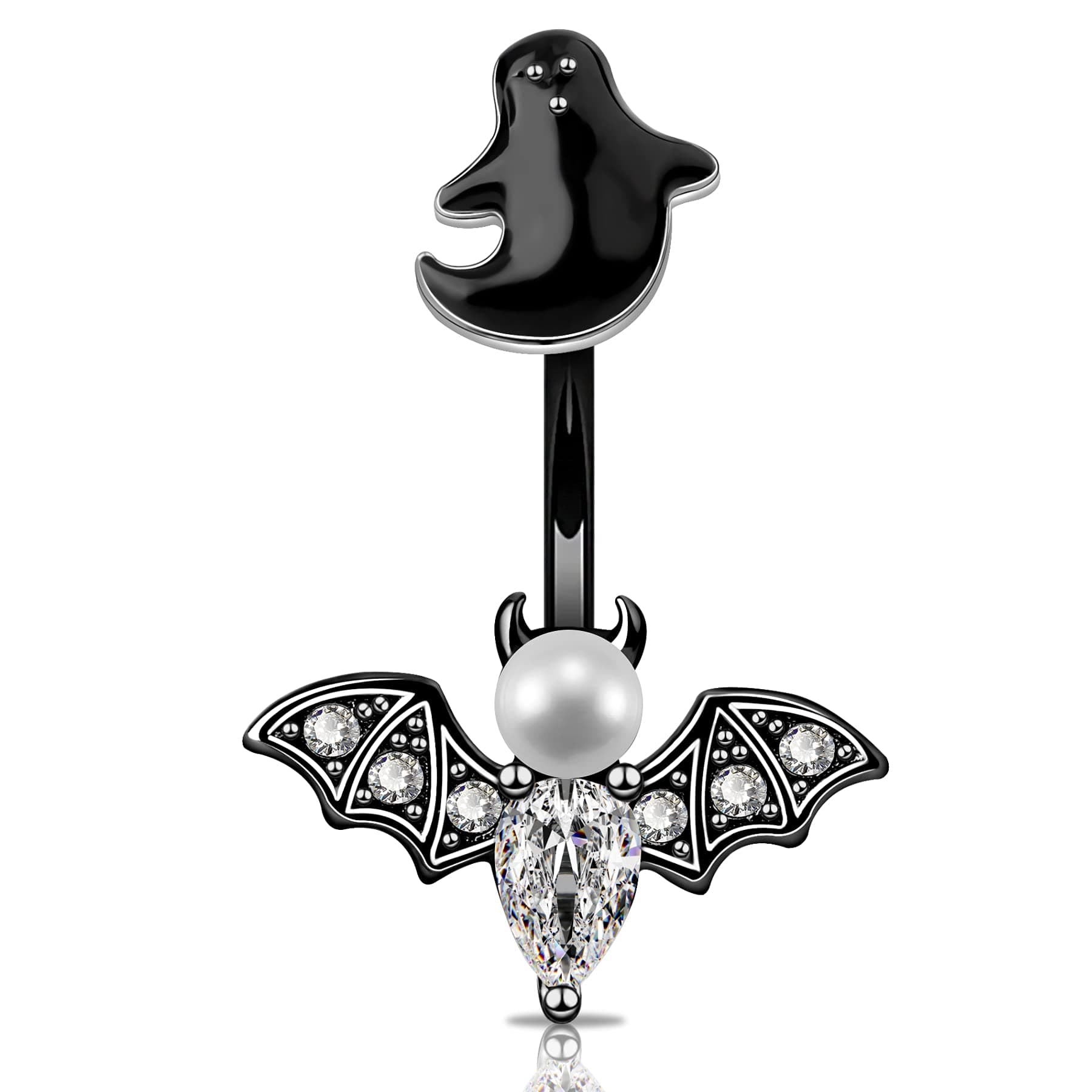 JewseenBelly Button Rings Bat Belly Rings 316L Stainless Steel Belly Piercing 14g Navel Ring for Women Navel Piercing Belly Bar Body Jewelry for Halloween Day