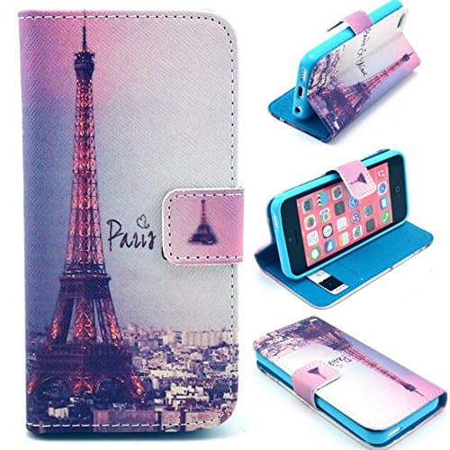 Angelina(TM) Hot Sell Fashion iPhone 5C Magnetic Flip PU Leather Wallet Case Paris Eiffel Tower Design with Stand & Credit Card Slots Cover for iPhone 5C