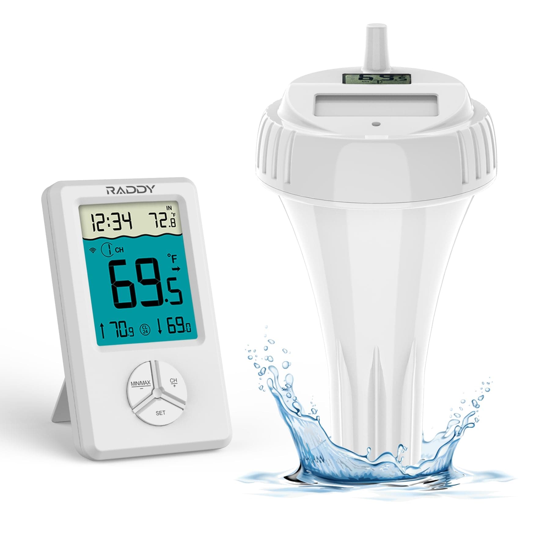 Raddy PT-1 Pool Thermometer Floating Easy Read Wireless Digital Water Thermometer for Indoor and Outdoor Swimming Pools Hot Tubs Pond Bath Aquariums
