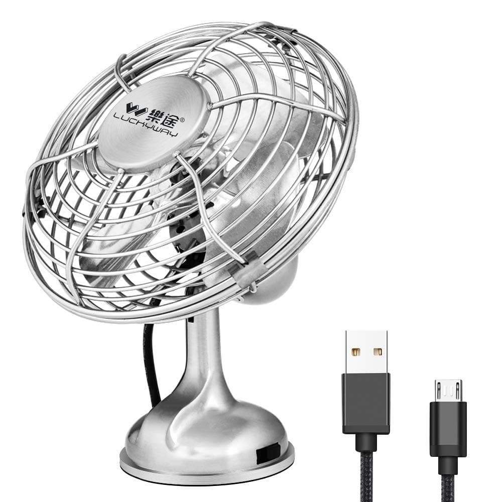 Luckyway Metal Fan Retro USB Fan 4-inch Mini Table Fan Brushed Nickel Sliver Desk Fan