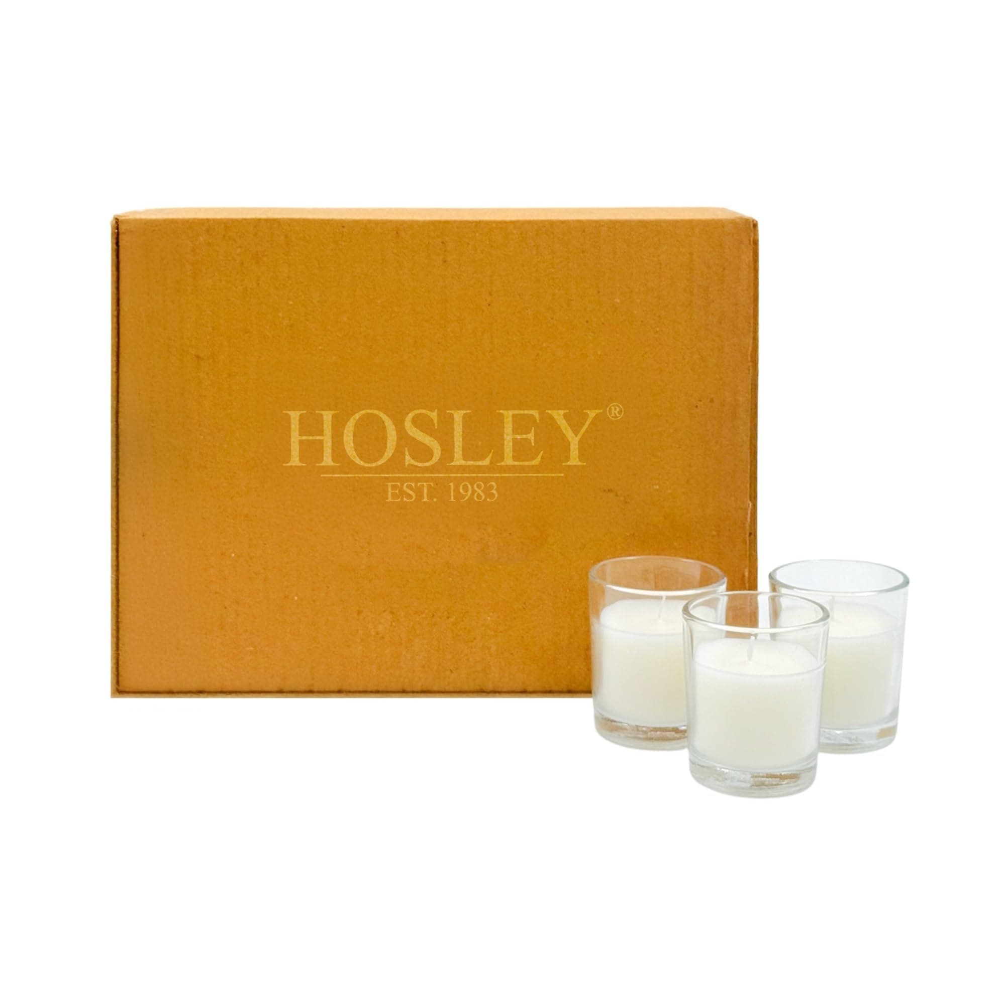 Hosley® Set of 24 Unscented Clear Glass Filled Votive Candles, 12 Hour Burn Time. Glass Votive & Hand Poured Candle Included, Ideal for Aromatherapy, Weddings, Party Favors.