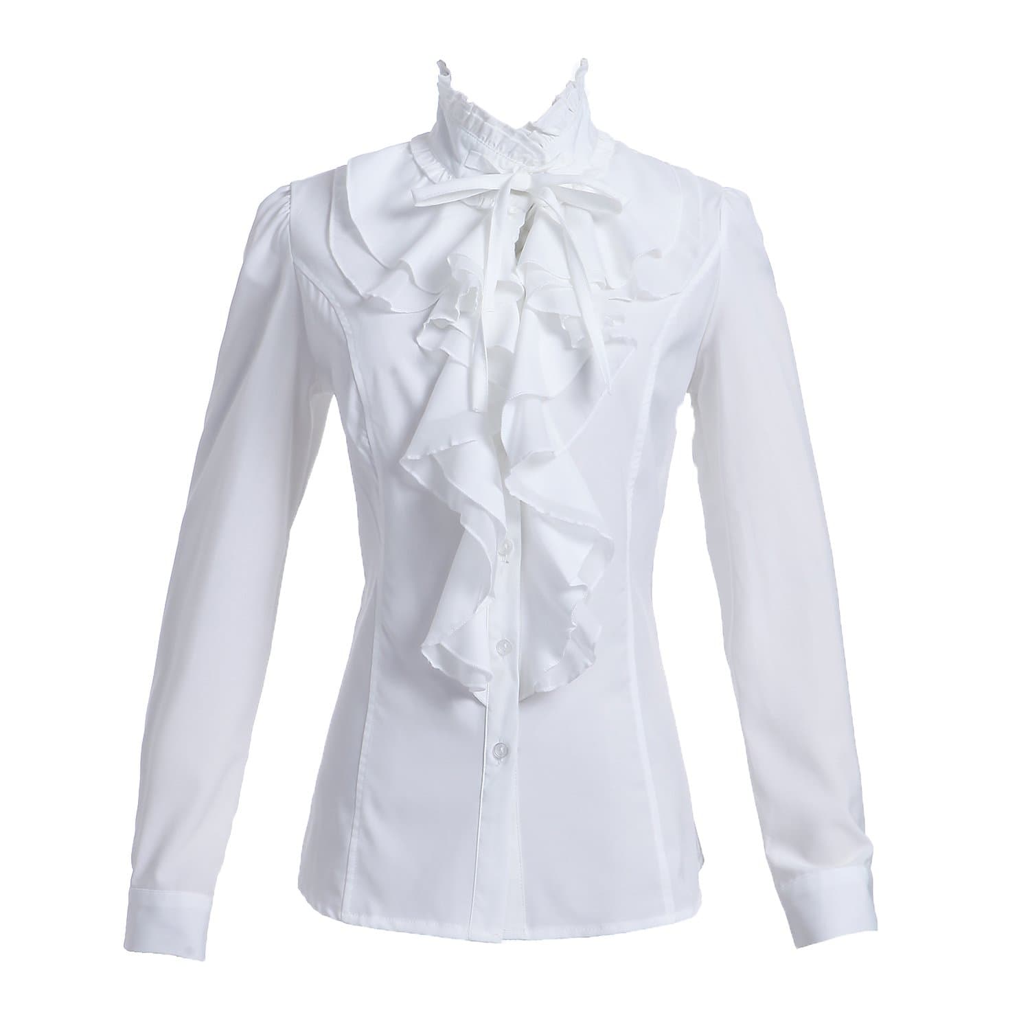 Women Shirts Lace Ruffle Neck Stand-Up Collar Victoria Ruffle Bow BlouseLong Sleeve OL Shirt Tops US S-US 2XL