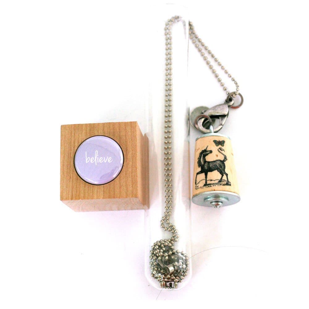 UNICORN Necklace - Cork in Test Tube with Wood Cube - Choice of Chain Length - Any Initial Stamped on Charm
