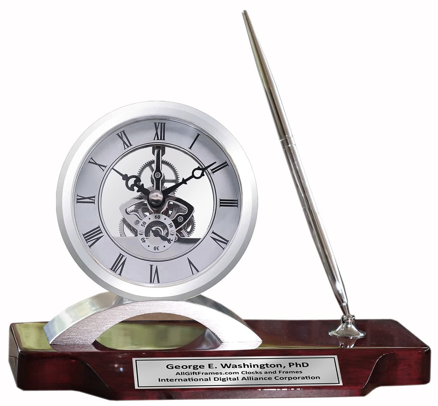 AllGiftFrames Desk Clock Pen Set Personalized Unique Silver Clock Clear Transparent Case Gear Davinci Timepiece Display Metal Pen Ink Set Wood Desktop Stand Desk Accessory Office Modern Home Engrave