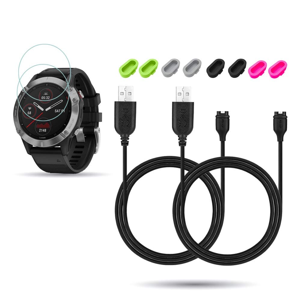 JIUJOJA2Pack for Garmin Fenix 6/6 Pro/ 6 Sapphire/6 Solar Charging Sync Data Cable and 2Pcs Free HD Tempered Glass Screen Protector and 8pcs Color Charger Port Protector for Smart Watch