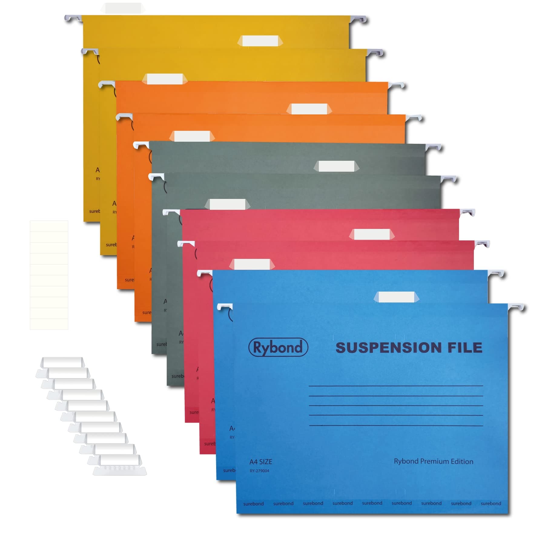 Rybond A4 Suspension File (10 Pack) Assorted Colours - Heavyweight with Tabs and Inserts - for A4 Filing cabinets - Reinforced Top and Bottom