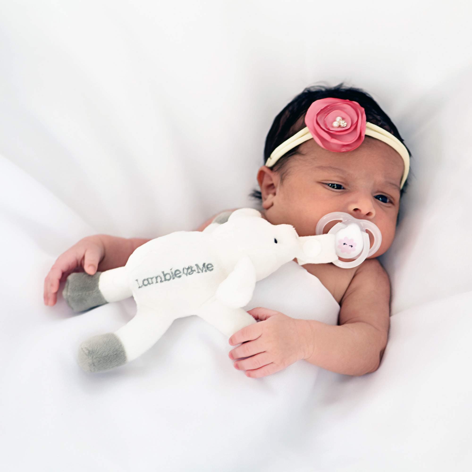 Lamb of God Pacifier Holder Stuffed Animal | Detachable Plush Security Toy with Snap Closure for All Accessories | Lambie & Me Bop Buddie