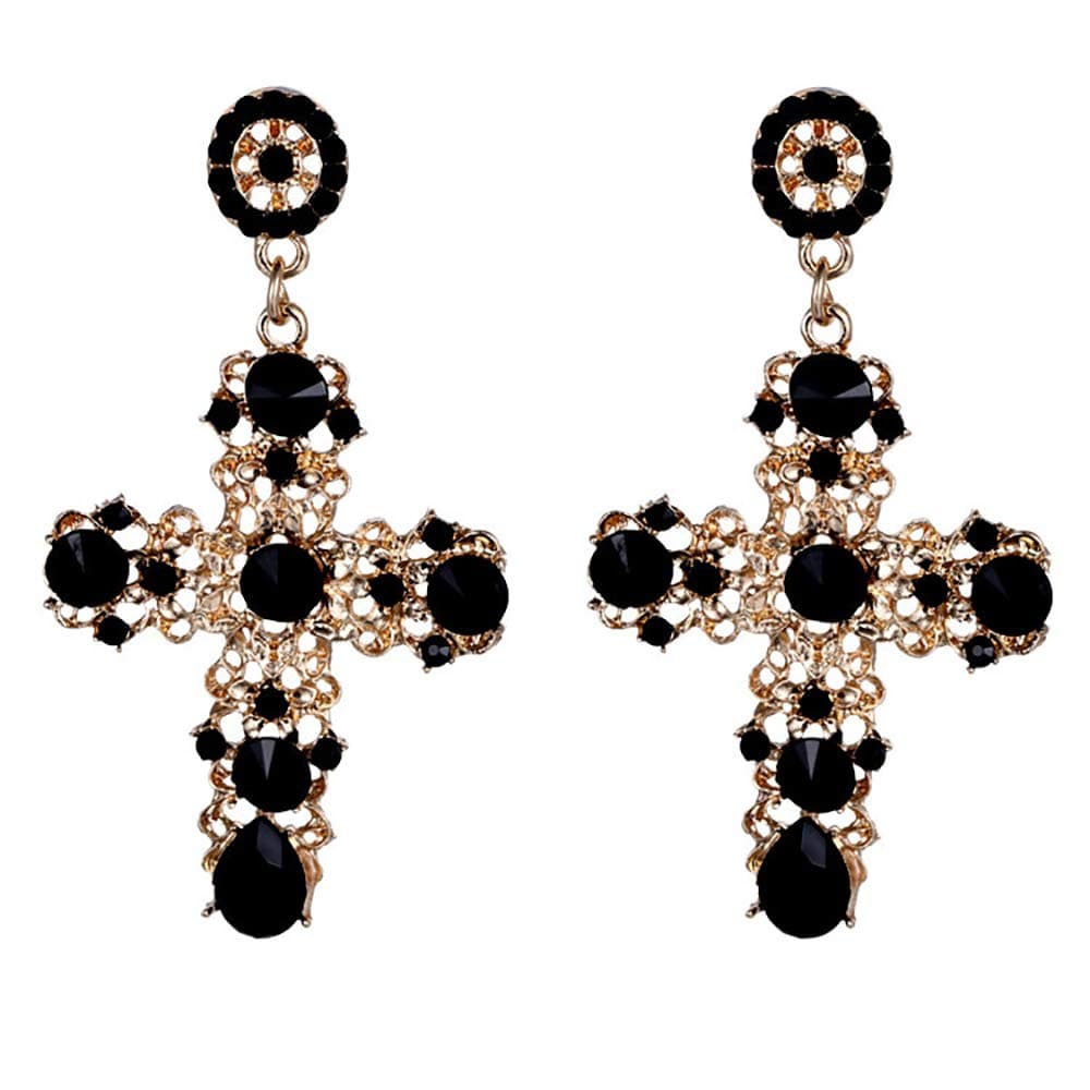 Big Baroque Drop Cross Earrings - Rhinestone Large, Retro Court for Women Halloween & Christmas Gifts