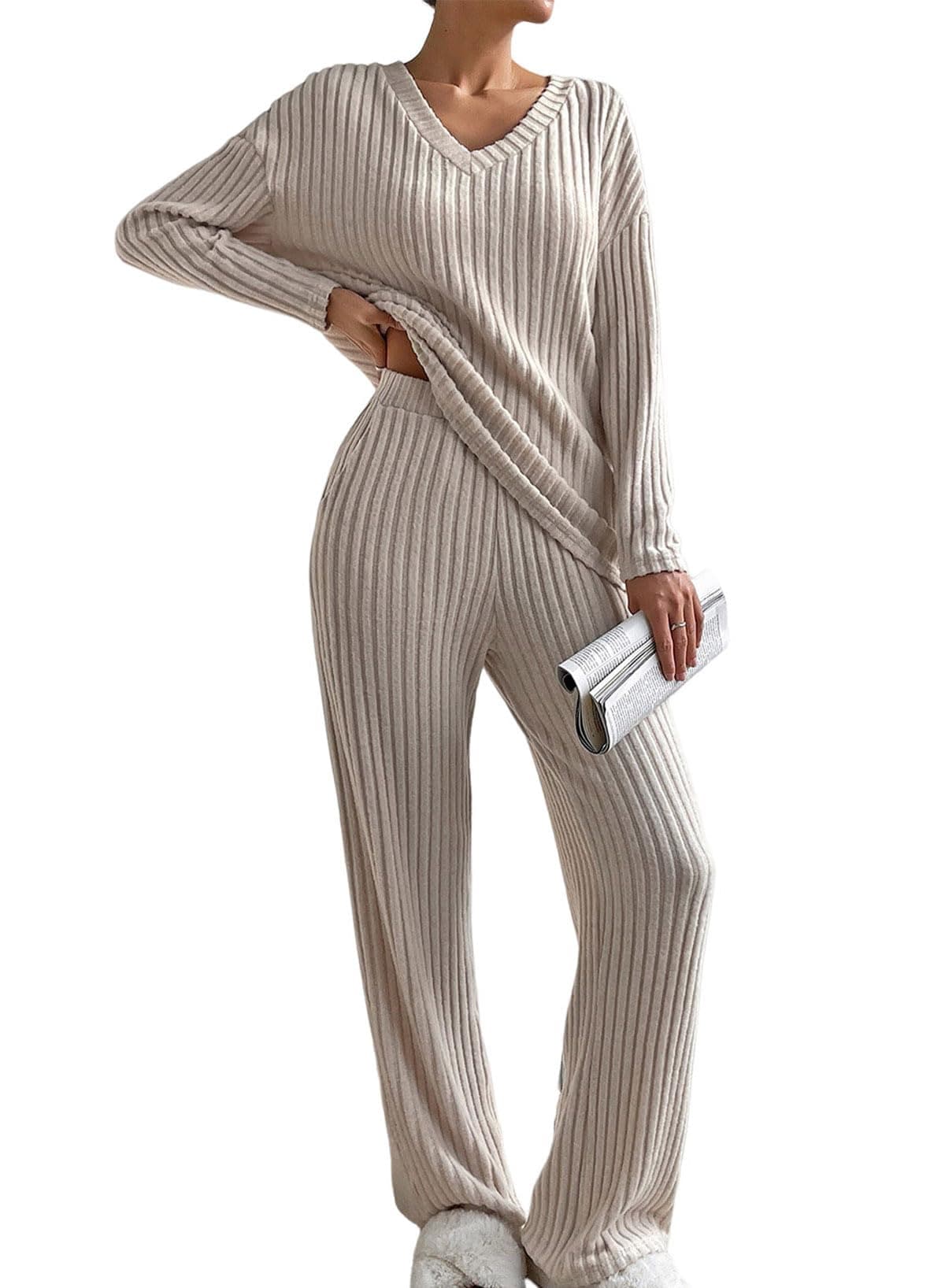 SHEWIN Women's Pajama Sets Long Sleeve Short Sleeve 2 Piece Lounge Sets Ribbed Knit Sweater Sleepwear