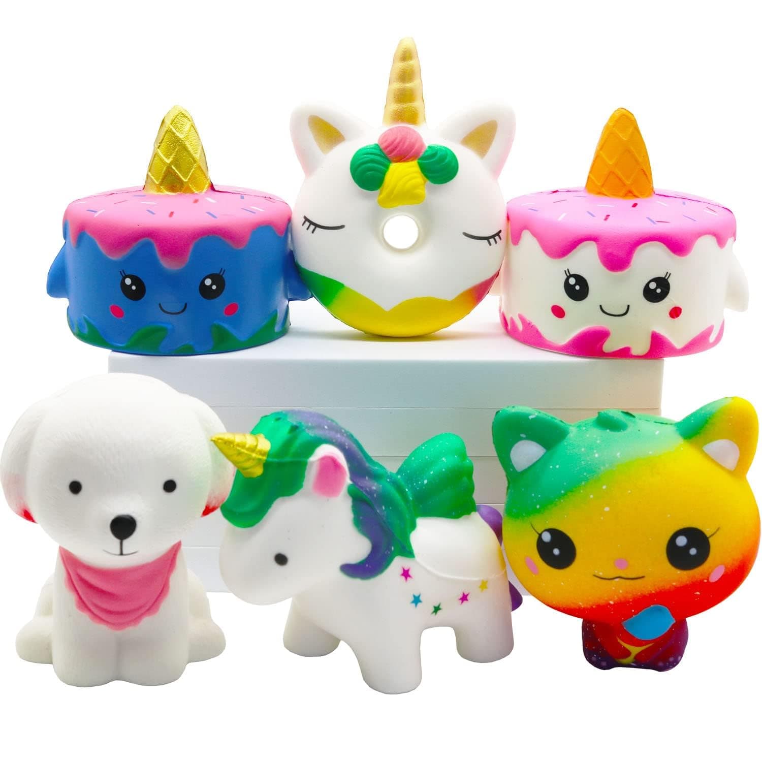 Yoaushy Squishies Toy Set - Jumbo Narwhale Cake, Cake, Donut,Dog, Horse,Ice Cream Cat Kawaii Slow Rising Squishy Toys for Kids Party Favors(6 Packs)