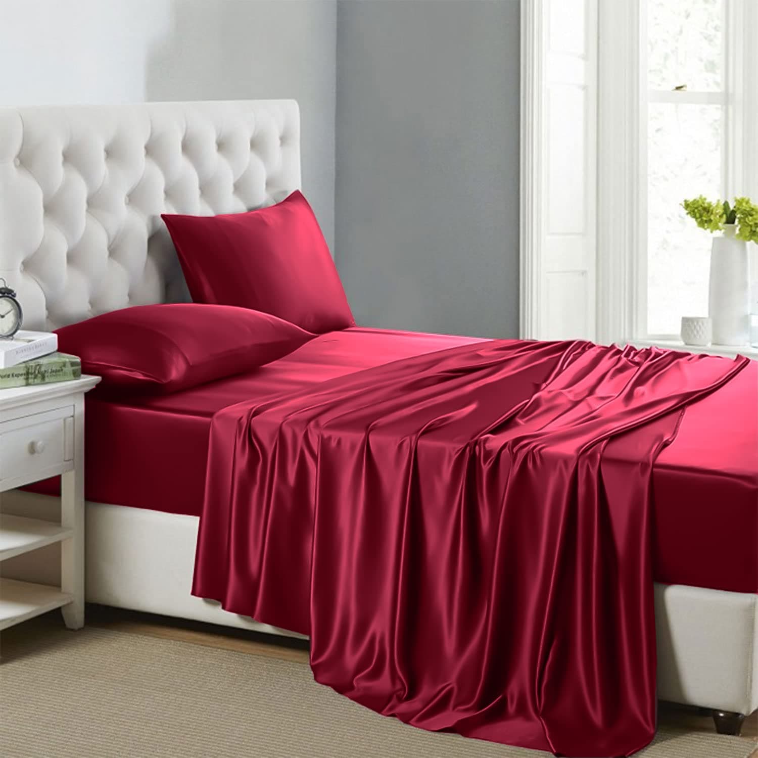 Lanest Housing Silk Satin Sheets, 4-Piece King Satin Bed Sheet Set with Deep Pockets, Cooling Soft and Hypoallergenic Satin Sheets King - Scarlet Red
