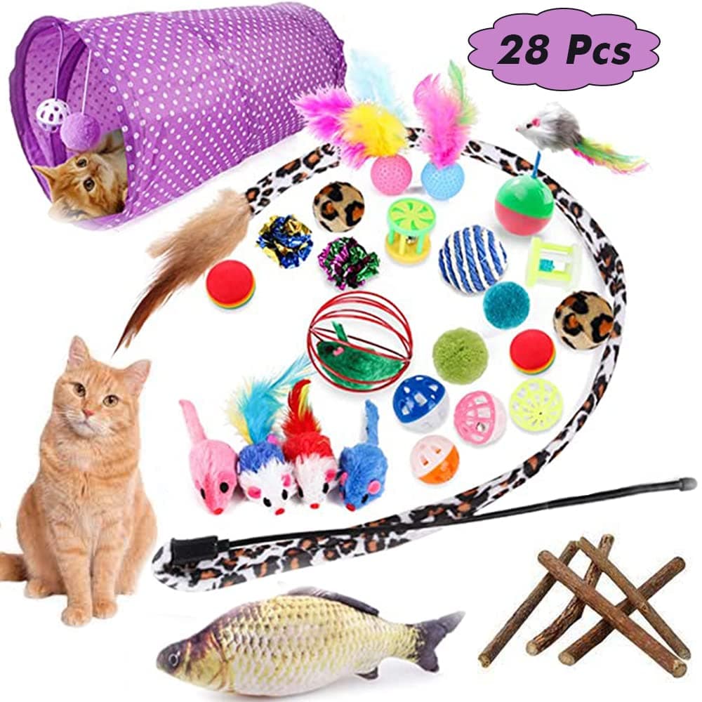 S2CPETSLY 28-Pcs Cat Toys Kitten Toys Assorted, Cat Tunnel Catnip Fish Toy Interactive Feather Teaser Wand Fish Fluffy Mouse Mice Balls and Bells Toys for Cat Puppy Kitty, Multiple Colors Cat Toy