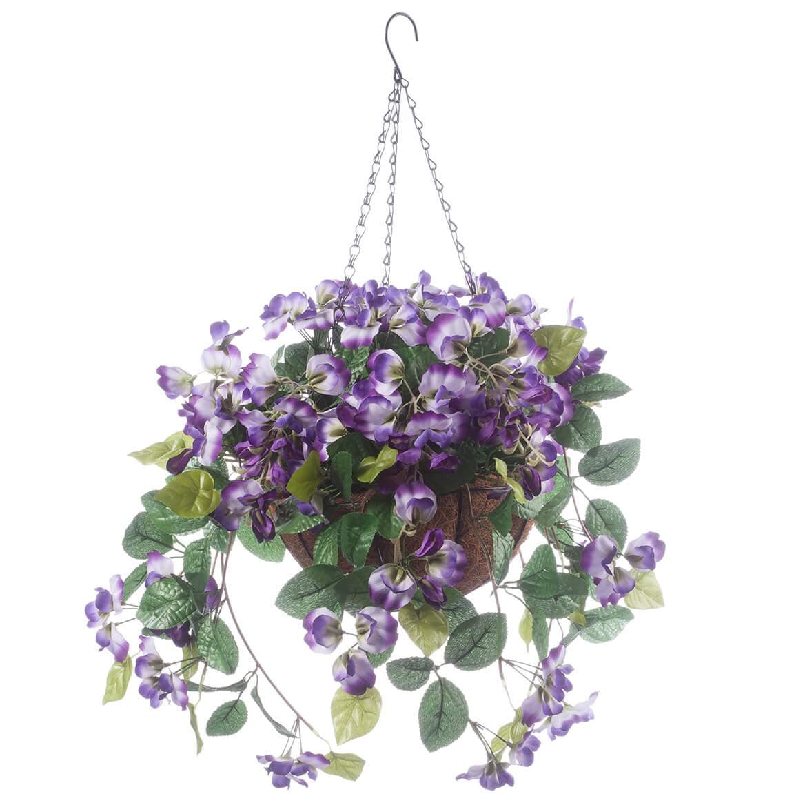 OakRidge Fully Assembled Artificial Purple Wisteria Hanging Basket, 10” Diameter with 18” Long Chain – Polyester/Plastic Flowers in Metal/Coco Fiber Liner Basket – Indoor/Outdoor Use