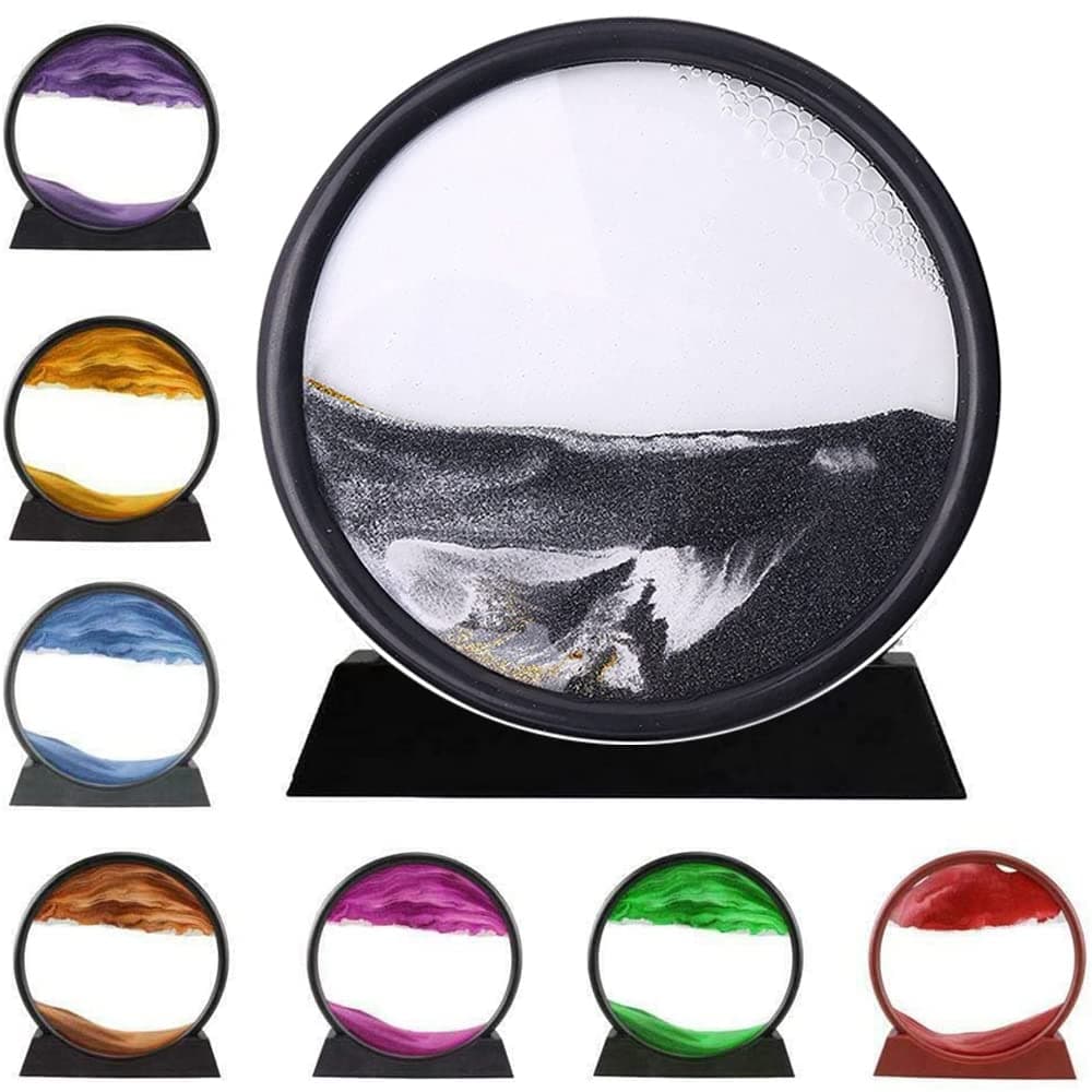 rysnwsu 3D Dynamic Sand Art Liquid Motion, Moving Sand Art Picture Round Glass 3D Deep Sea Sandscape in Motion Display Flowing Sand Frame Relaxing Desktop Home Office Work Decor (Green, 7'')