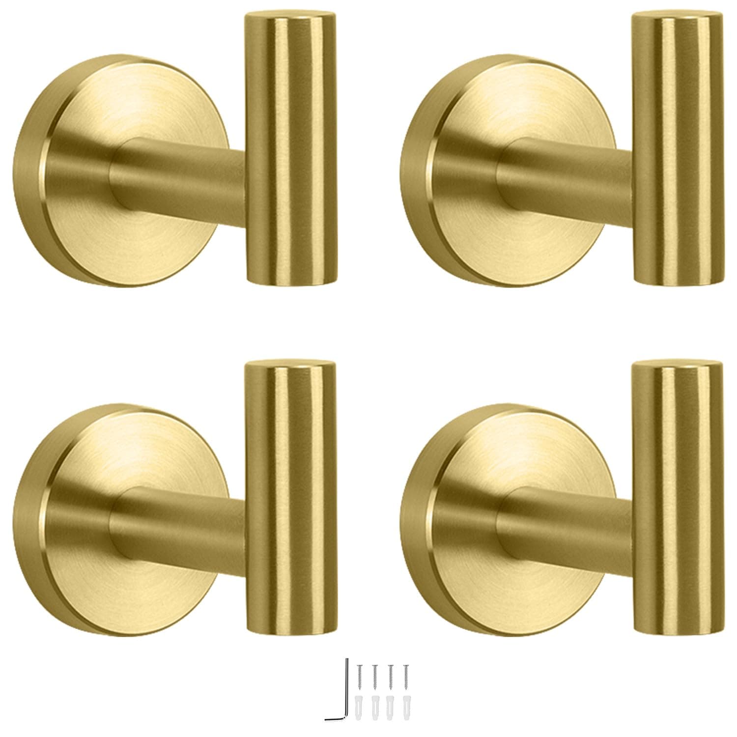 NearMoon Bath Towel Hooks- SUS 304 Stainless Steel Robe Hook Holder, Heavy Duty Coat Hook for Bathroom Livingroom Hotel Kitchen Garage, Wall Mounted (Brushed Gold, 4 Pack)