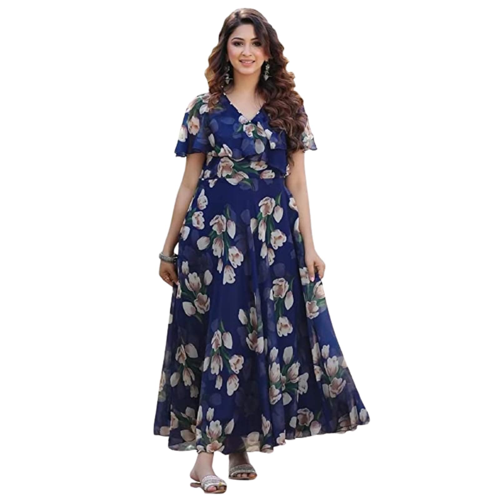 - Women's Georgette Casual Floral Digital Print Half Sleeve Knee Length Fit and Flare Long Maxi Gown Dress (Flower_Gown)