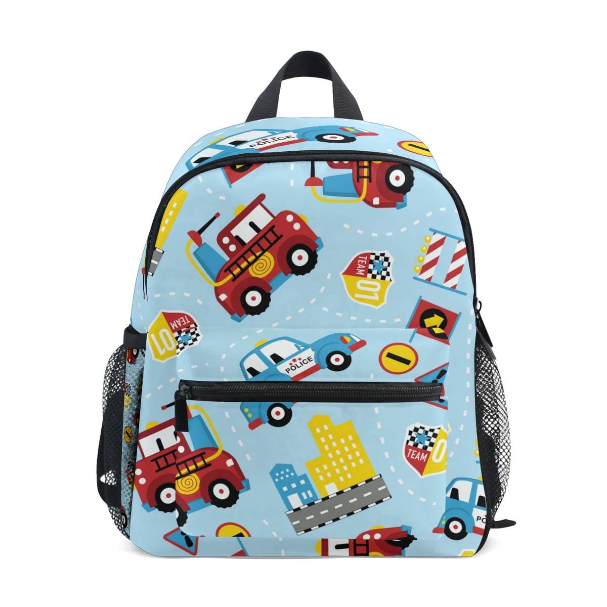 Firefighter Police Car Blue Toddler Backpack School Bag Multi Cute BookBags for School Boys and Girls Kid Bags Children Travel Daypack 3-8 Years Old Preschool