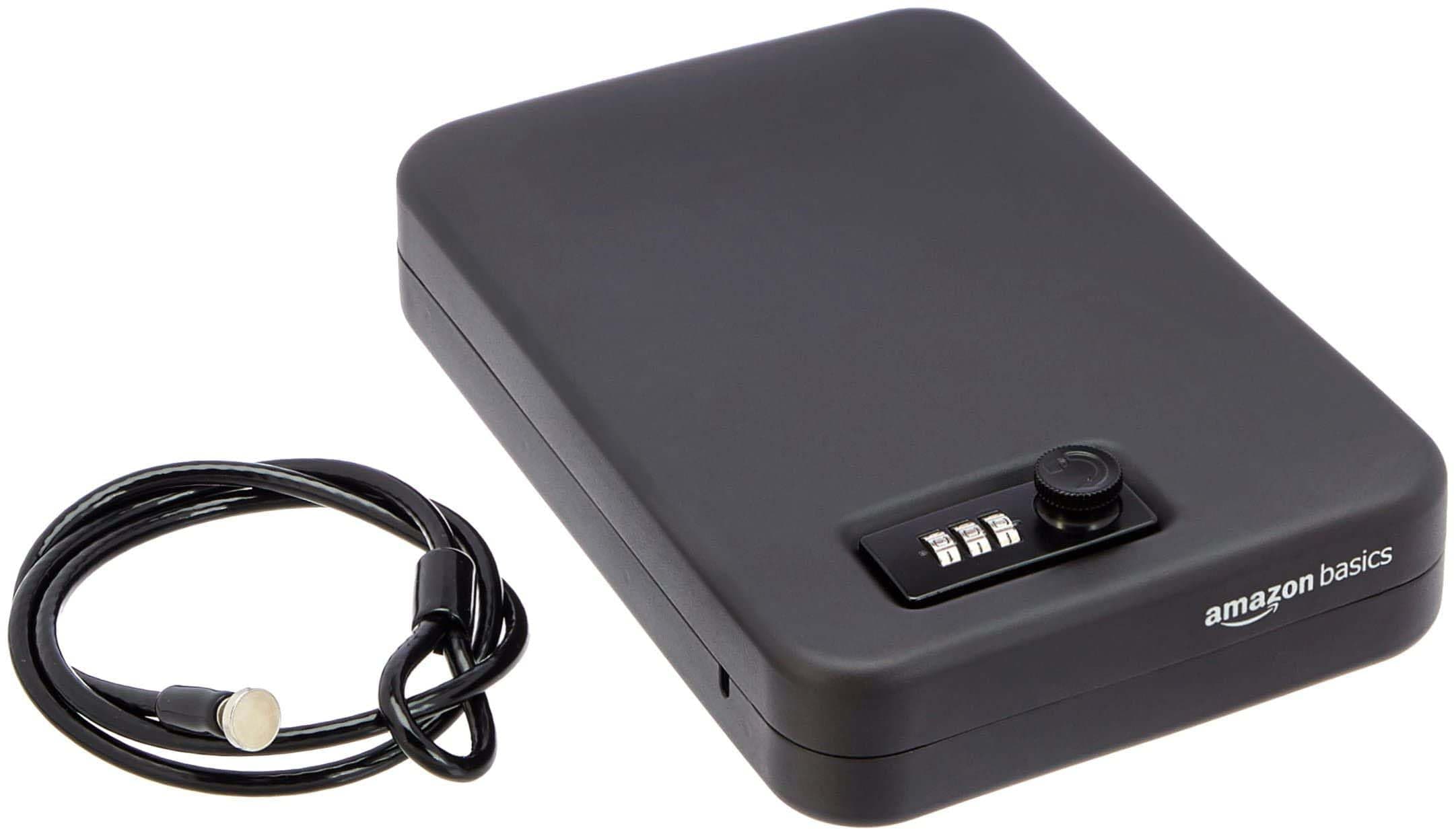 Amazon Basics Safe Small Portable Convenient Dial Combination Lock XL (Width 16.5 x Depth 24.6 x Height 4.9 cm) Security Box Portable Black