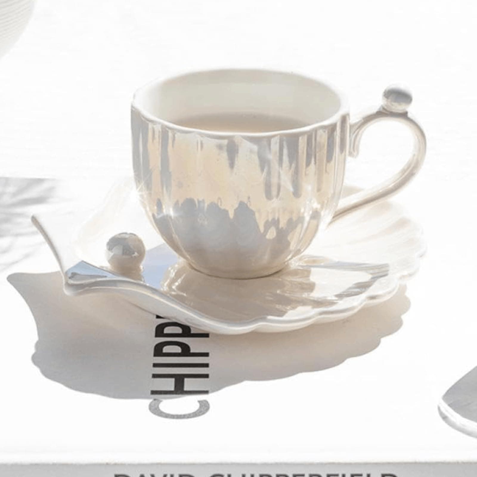 Ceramic Tea Cups and Saucers, 240ml Porcelain Coffee Cup, Pearly Shells Design, British Coffee Latte Cups, for Tea Serving Latte, Macchiato, espresso, Gift for Weddding, Birthday, Anniversary (White)