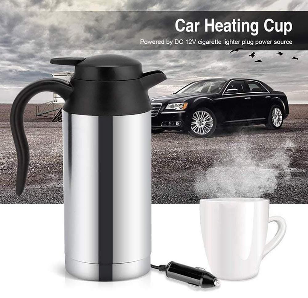 Car Heating Kettle, Portable Stainless Steel Electric Car Kettle Vehicle DC 12/24V Heating Drinking Cup Travel Coffee Mug Water Bottle 750ml (12V,Silver)