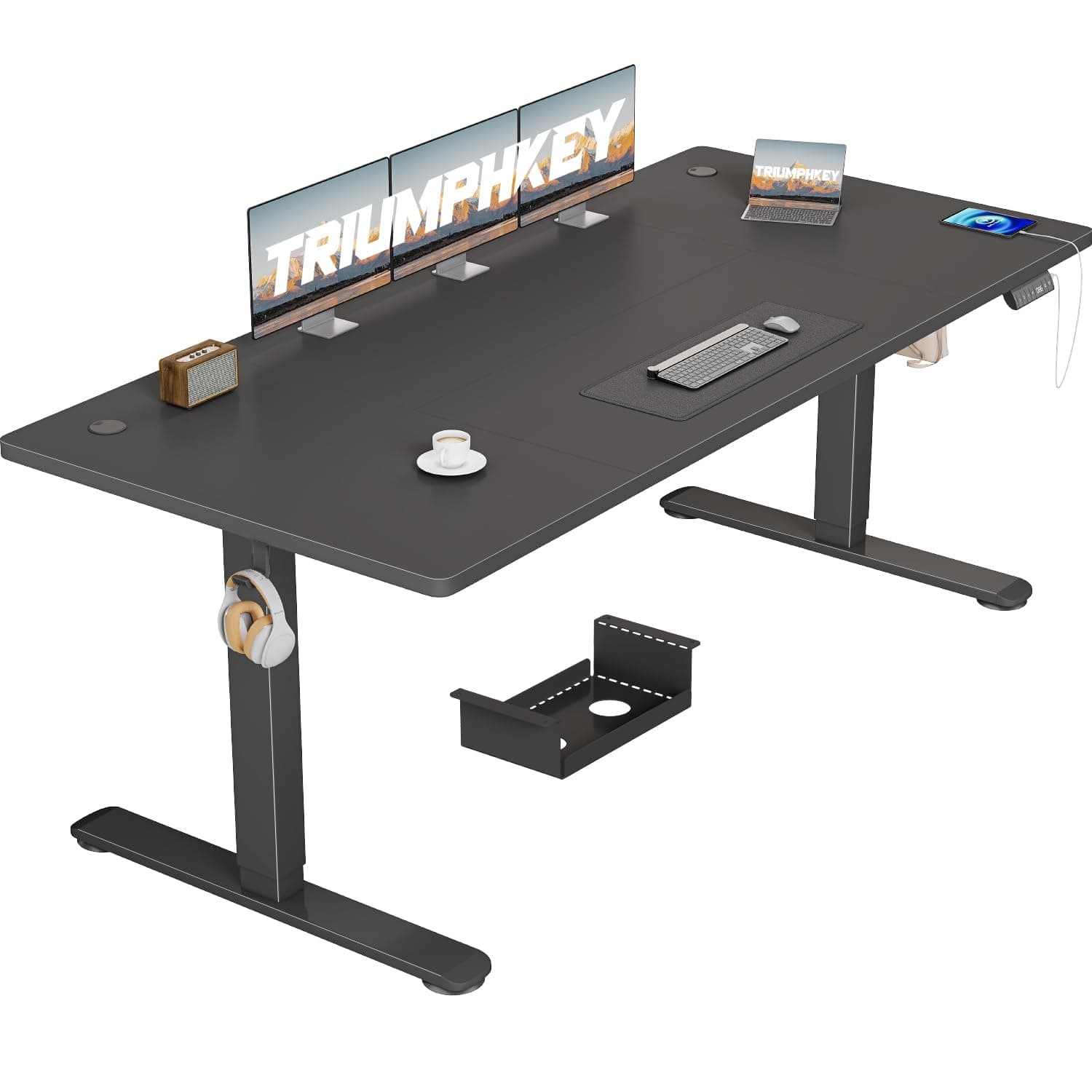 Height-Adjustable Desk, 180 x 80 cm, Large Memory Control, Anti-Collision Gaming Table, Computer Desk, USB Socket, Wheels, Black