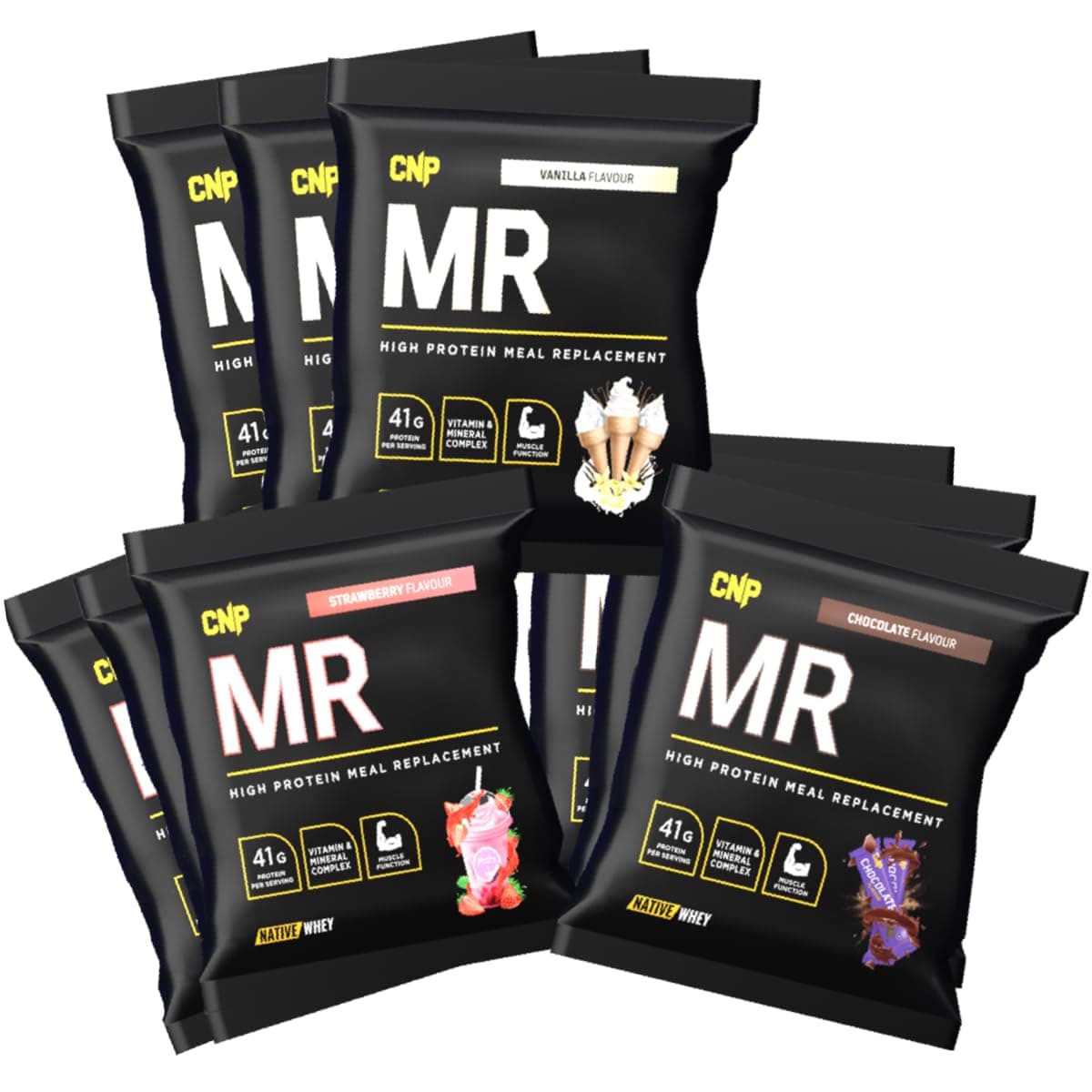 MR, High Protein Meal Replacement Shake, 41g Protein with Vitamins & Minerals, Probiotics, Native Whey and Casein, 72g x 6 Sachets, 3 Flavours Available (Trial Pack of 3 Flavours)